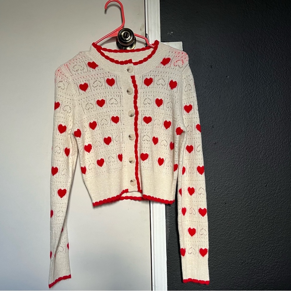 NWT Jessica Simpson White and Red Heart Patterned Cardigan Sweater